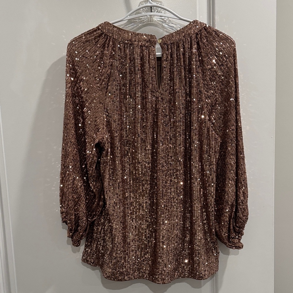 Vince Camuto Brown Sequin Blouse Keyhole Neckline Size S Like New - Picture 4 of 4